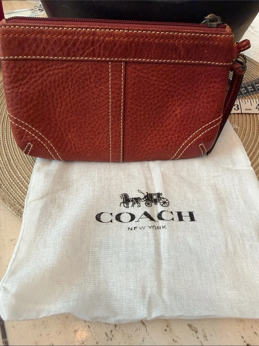 Coach Vintage Red-Brown Pebbled Leather Wristlet with Lace-Up Grommet & Tassel